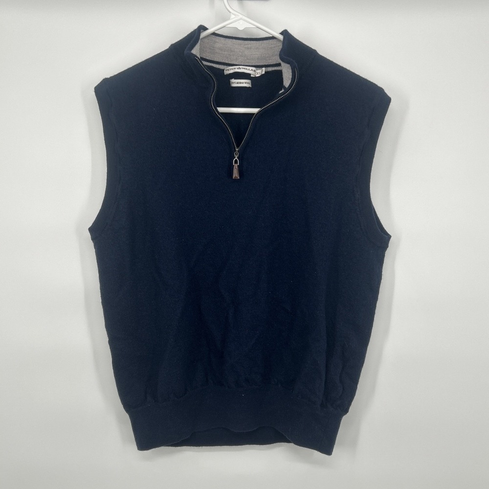 Peter Millar Men's Pullover Sweater Vest 100% Merino Wool XL Blue 1/4 Zip